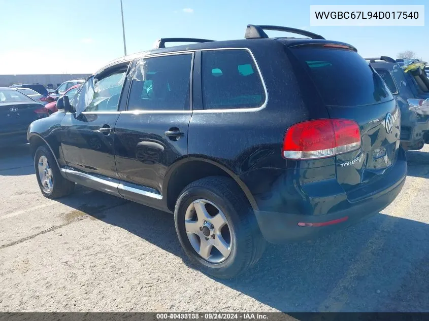 2004 Volkswagen Touareg V6 VIN: WVGBC67L94D017540 Lot: 40433138