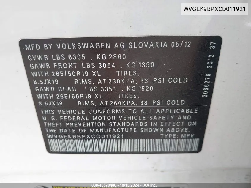 2012 Volkswagen Touareg Tdi Lux VIN: WVGEK9BPXCD011921 Lot: 40570400