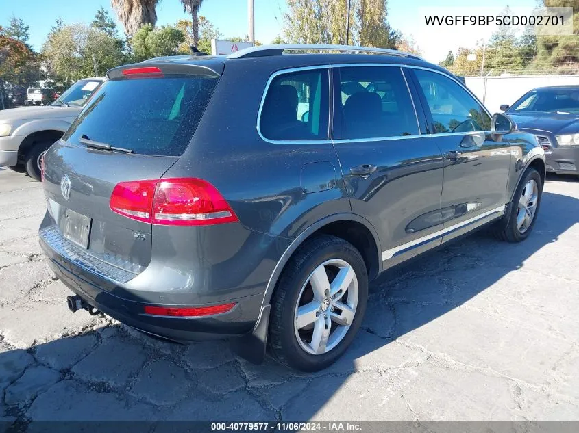 2012 Volkswagen Touareg Vr6 Executive/Vr6 Lux/Vr6 Sport VIN: WVGFF9BP5CD002701 Lot: 40779577