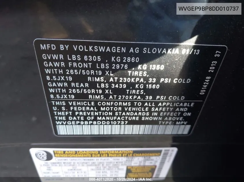 2013 Volkswagen Touareg Tdi Lux VIN: WVGEP9BP8DD010737 Lot: 40712020