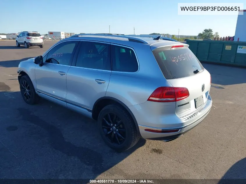 2015 Volkswagen Touareg V6 VIN: WVGEF9BP3FD006651 Lot: 40551770