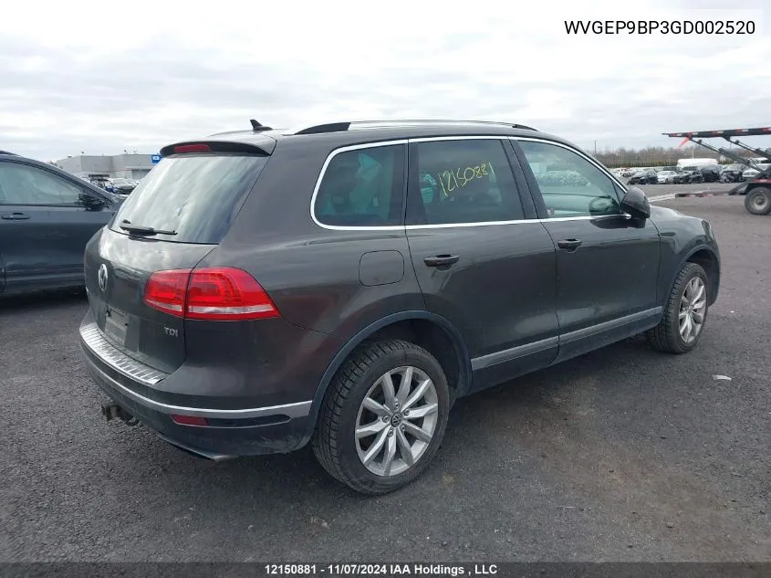 2016 Volkswagen Touareg VIN: WVGEP9BP3GD002520 Lot: 12150881