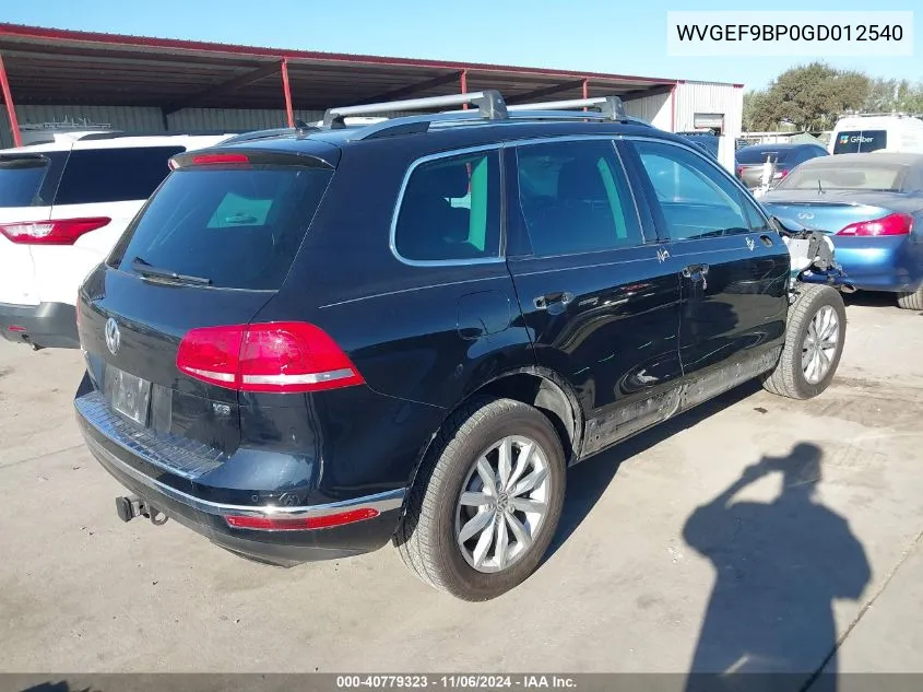 2016 Volkswagen Touareg Vr6 Executive VIN: WVGEF9BP0GD012540 Lot: 40779323