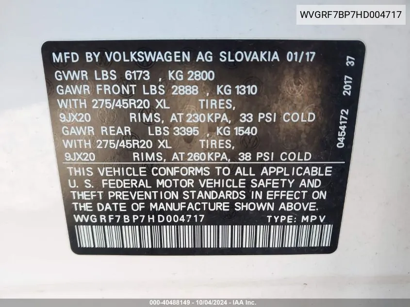 WVGRF7BP7HD004717 2017 Volkswagen Touareg V6 Wolfsburg Edition