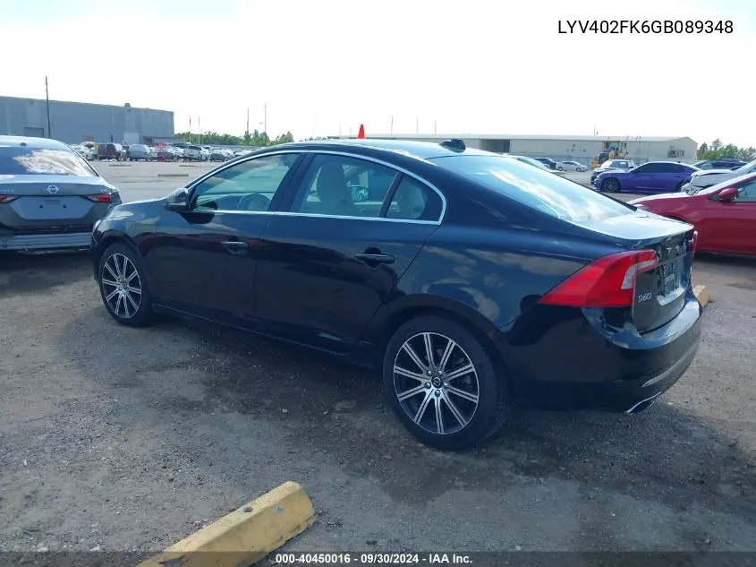 2016 Volvo S60 Inscription T5 Drive-E Premier VIN: LYV402FK6GB089348 Lot: 40450016