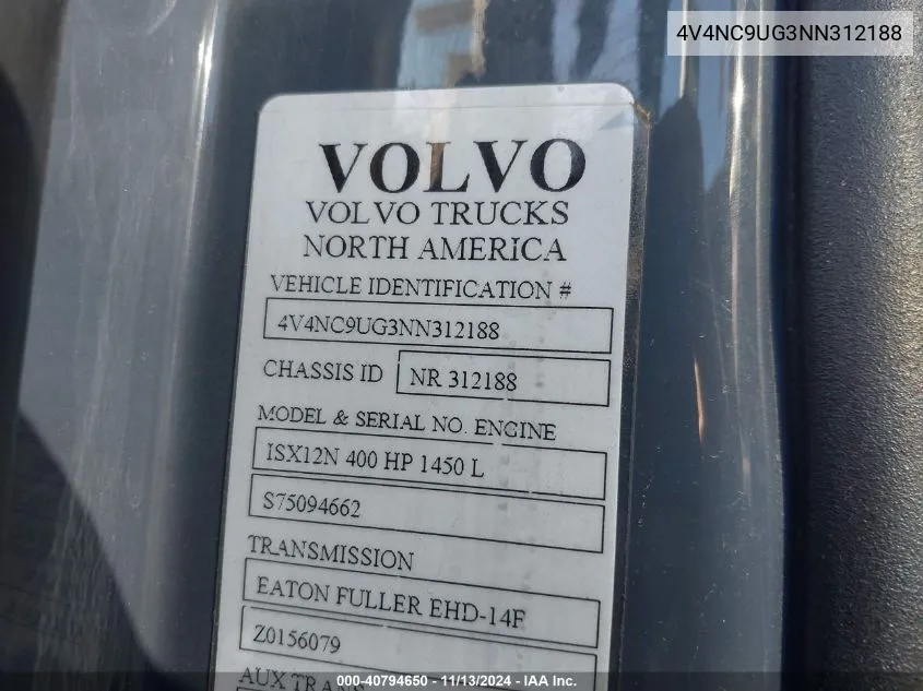 2022 Volvo Vnl VIN: 4V4NC9UG3NN312188 Lot: 40794650