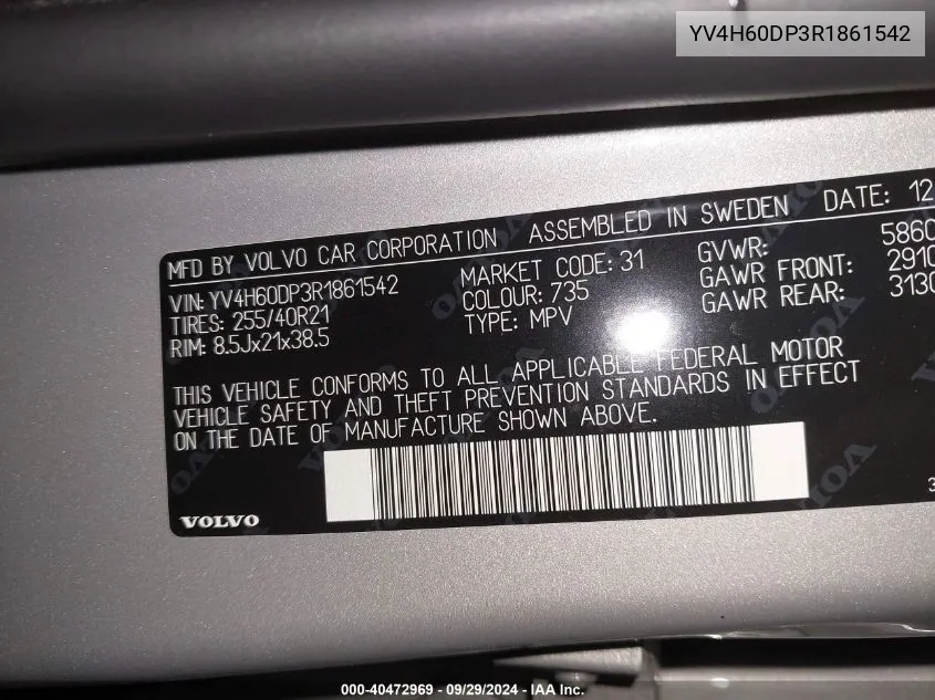 2024 Volvo Xc60 Recharge Plug-In Hybrid T8 Polestar Engineered VIN: YV4H60DP3R1861542 Lot: 40472969