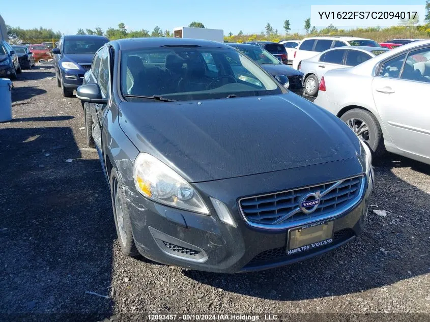 2012 Volvo S60 VIN: YV1622FS7C2094017 Lot: 12093457