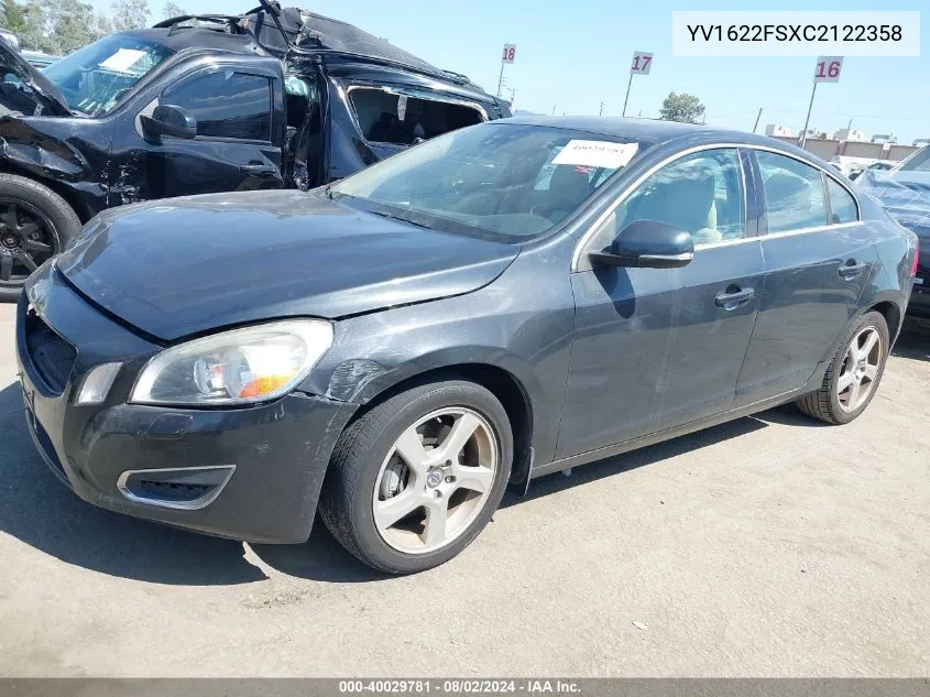 2012 Volvo S60 T5 VIN: YV1622FSXC2122358 Lot: 40029781