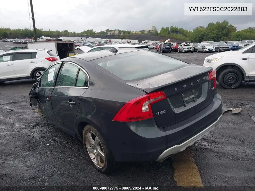 2012 Volvo S60 T5 VIN: YV1622FS0C2022883 Lot: 40072775