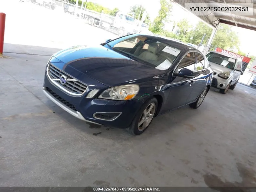 2012 Volvo S60 T5 VIN: YV1622FS0C2032958 Lot: 40267843