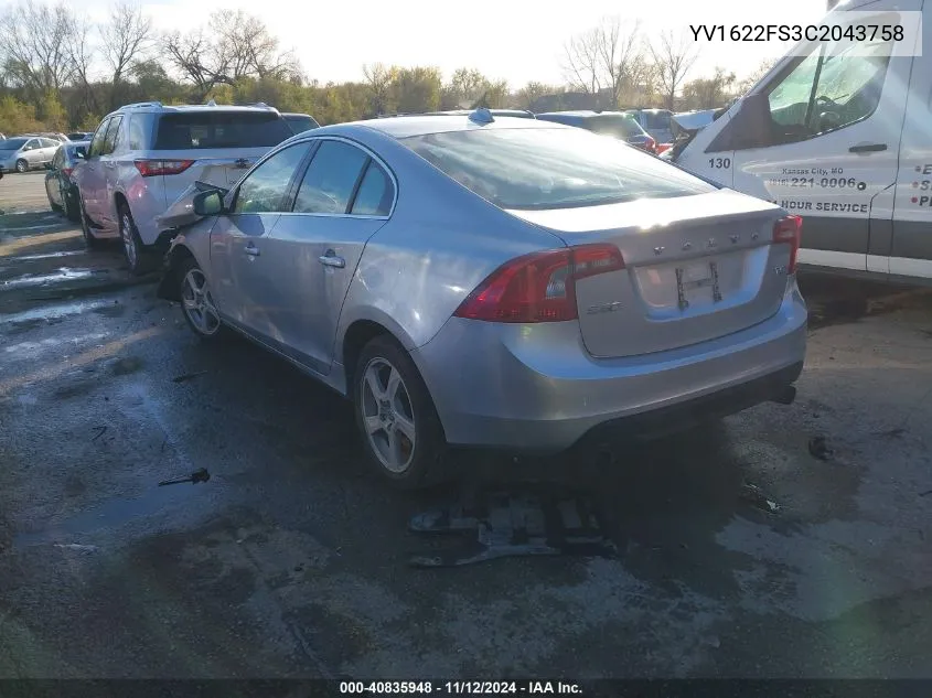 2012 Volvo S60 T5 VIN: YV1622FS3C2043758 Lot: 40835948