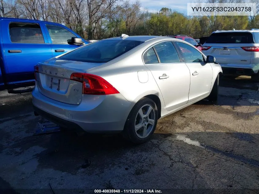 2012 Volvo S60 T5 VIN: YV1622FS3C2043758 Lot: 40835948