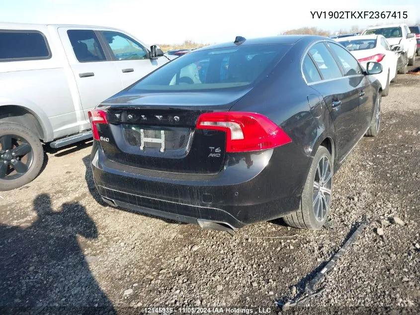 2015 Volvo S60 VIN: YV1902TKXF2367415 Lot: 12145935