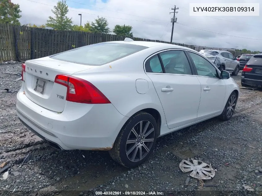 2016 Volvo S60 Inscription T5 Drive-E Premier VIN: LYV402FK3GB109314 Lot: 40382961