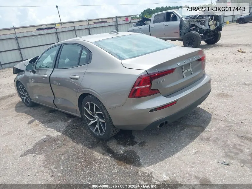 2019 Volvo S60 T6 Momentum VIN: 7JRA22TK3KG017443 Lot: 40085576