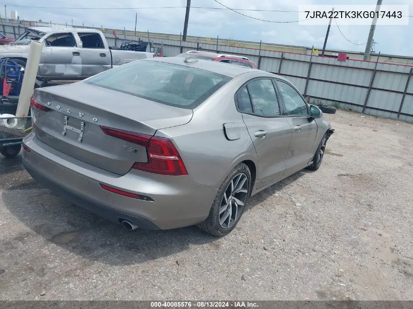 2019 Volvo S60 T6 Momentum VIN: 7JRA22TK3KG017443 Lot: 40085576