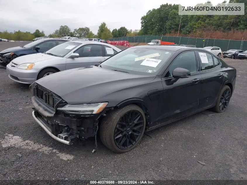 2022 Volvo S60 Recharge Plug-In Hybrid T8 Black Edition R-Design Extended Range VIN: 7JRH60FD4NG192633 Lot: 40375588