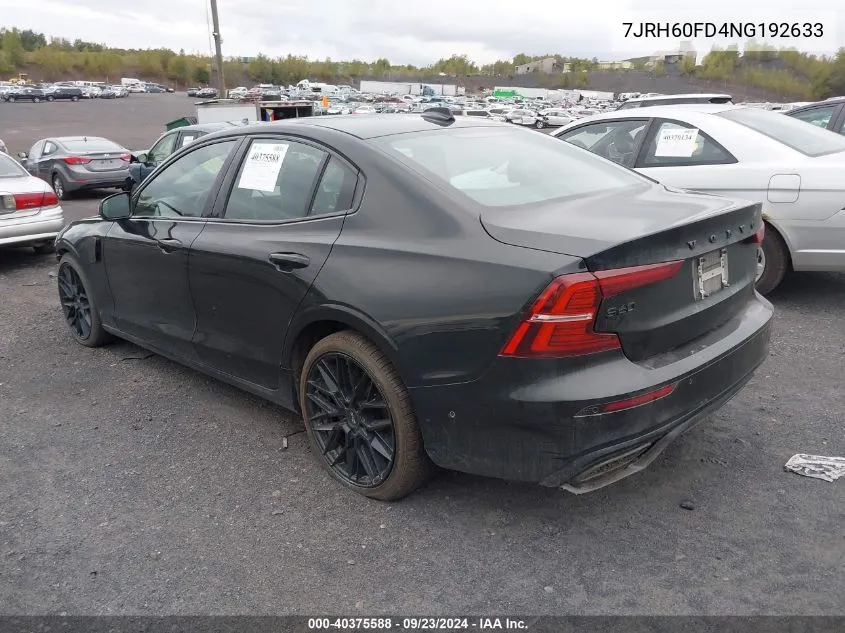 2022 Volvo S60 Recharge Plug-In Hybrid T8 Black Edition R-Design Extended Range VIN: 7JRH60FD4NG192633 Lot: 40375588