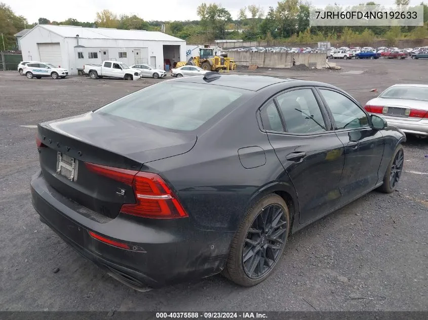 2022 Volvo S60 Recharge Plug-In Hybrid T8 Black Edition R-Design Extended Range VIN: 7JRH60FD4NG192633 Lot: 40375588