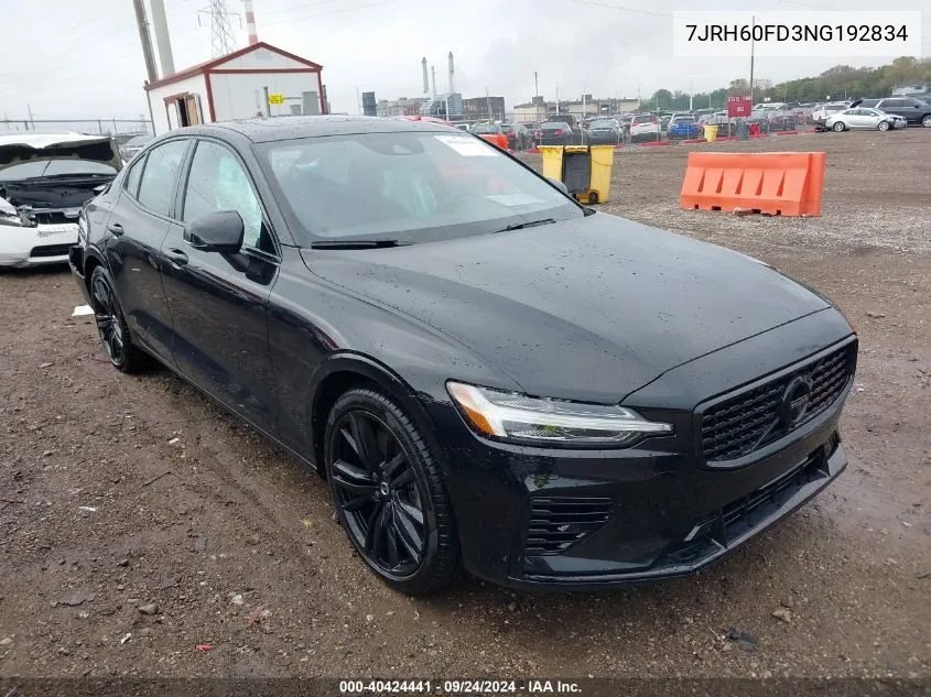 2022 Volvo S60 Recharge Plug-In Hybrid T8 Black Edition R-Design Extended Range VIN: 7JRH60FD3NG192834 Lot: 40424441