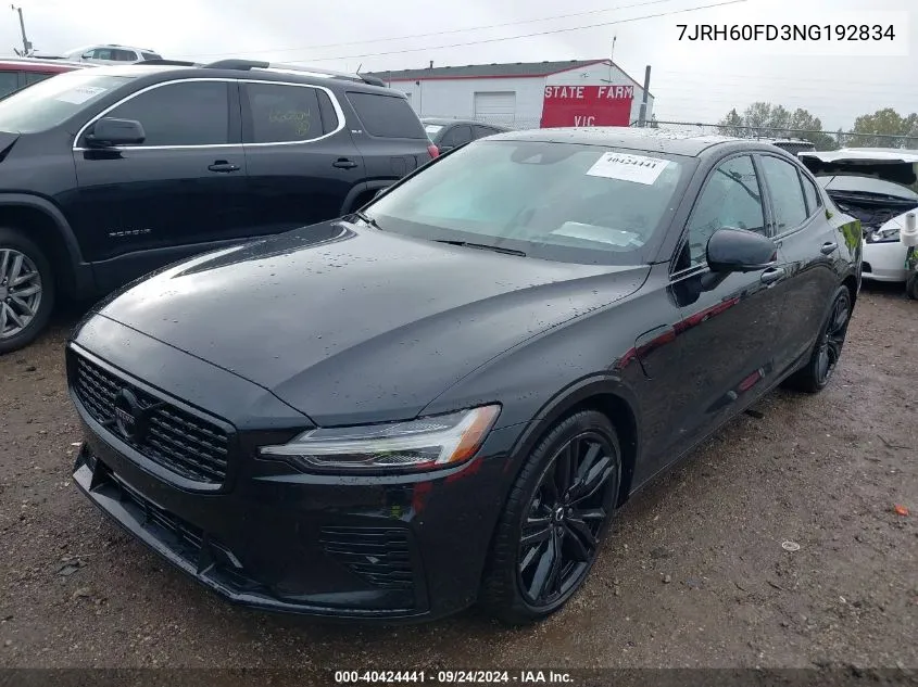 2022 Volvo S60 Recharge Plug-In Hybrid T8 Black Edition R-Design Extended Range VIN: 7JRH60FD3NG192834 Lot: 40424441