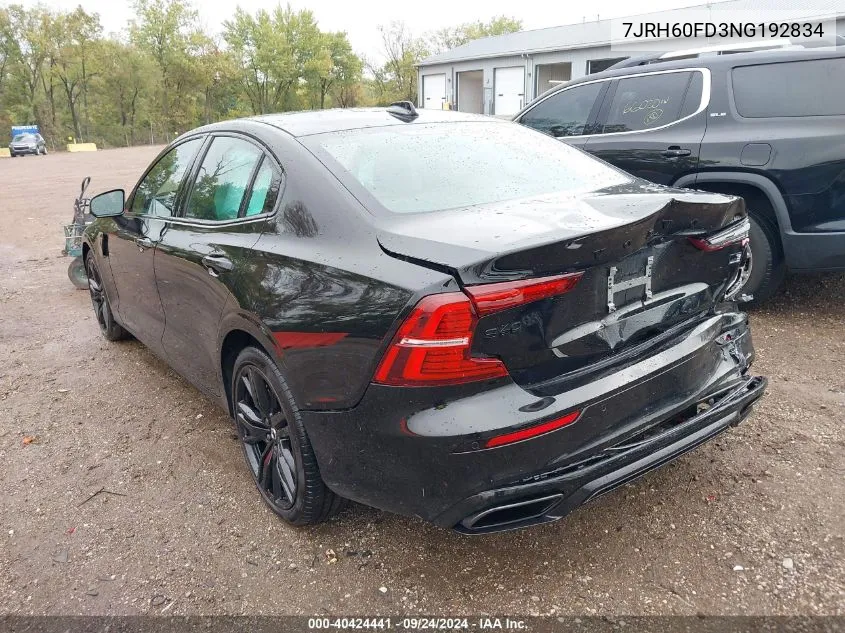 2022 Volvo S60 Recharge Plug-In Hybrid T8 Black Edition R-Design Extended Range VIN: 7JRH60FD3NG192834 Lot: 40424441