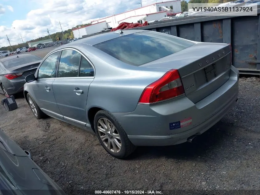 2011 Volvo S80 3.2 VIN: YV1940AS5B1137924 Lot: 40607476