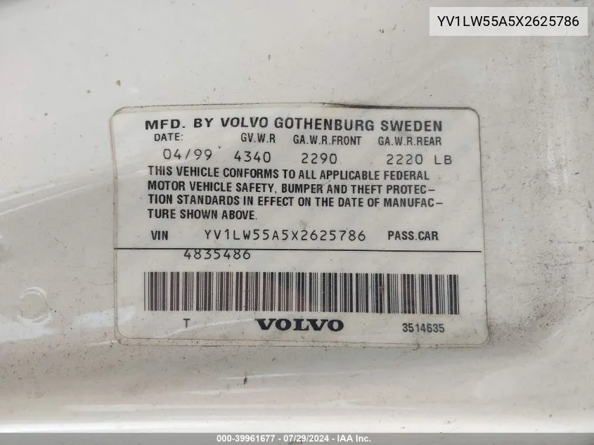 1999 Volvo V70 VIN: YV1LW55A5X2625786 Lot: 39961677