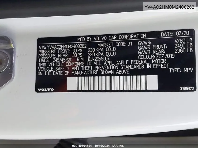 YV4AC2HM0M2408262 2021 Volvo Xc40 T4 R-Design