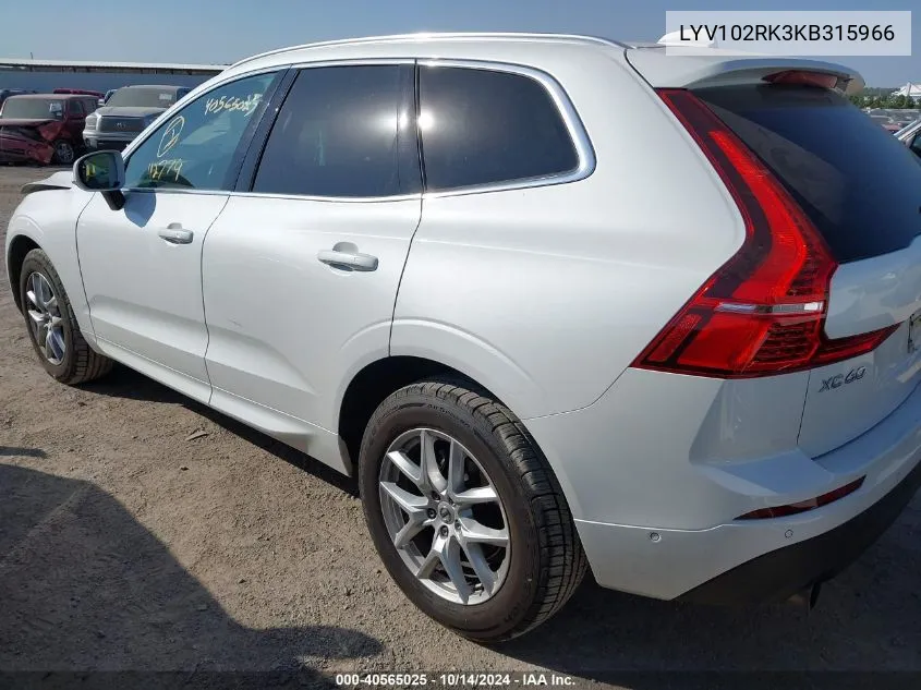 2019 Volvo Xc60 T5 VIN: LYV102RK3KB315966 Lot: 40565025