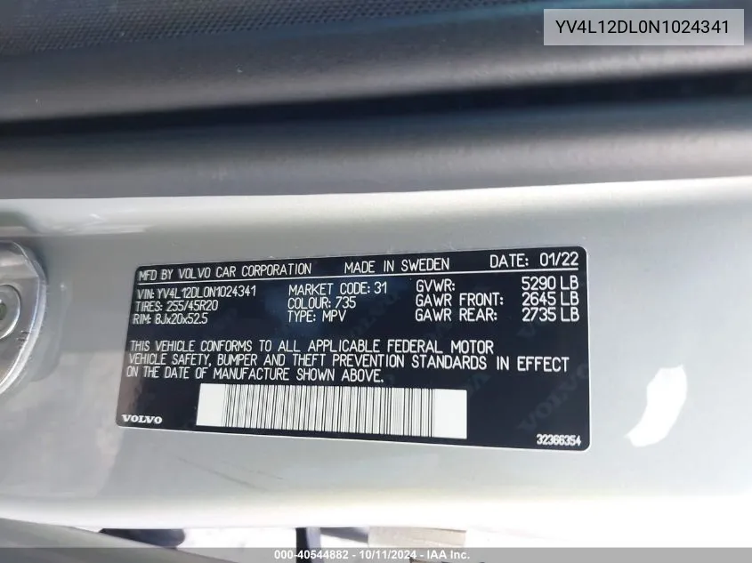 2022 Volvo Xc60 B5 Inscription VIN: YV4L12DL0N1024341 Lot: 40544882