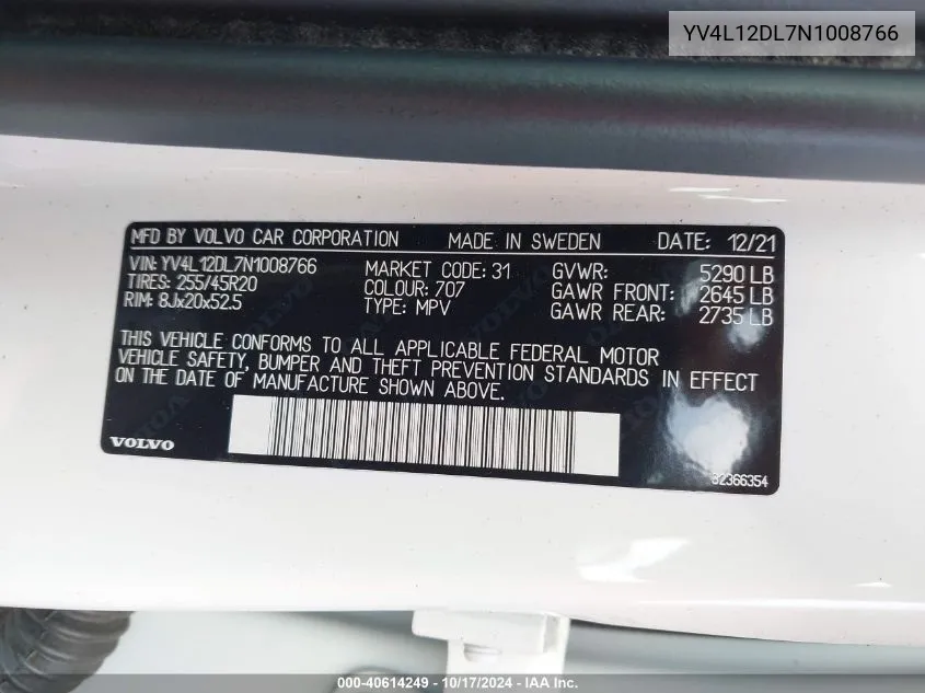 YV4L12DL7N1008766 2022 Volvo Xc60 B5 Inscription