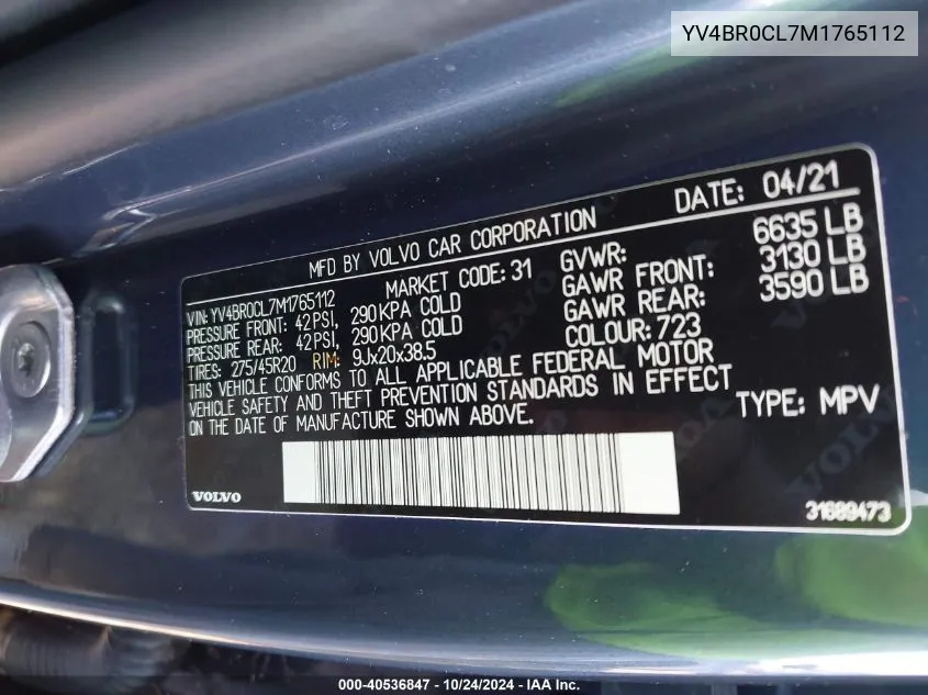 2021 Volvo Xc90 Recharge Plug-In Hybrid T8 Inscription 7 Passenger/T8 Inscription Expression 7 Passenger VIN: YV4BR0CL7M1765112 Lot: 40536847