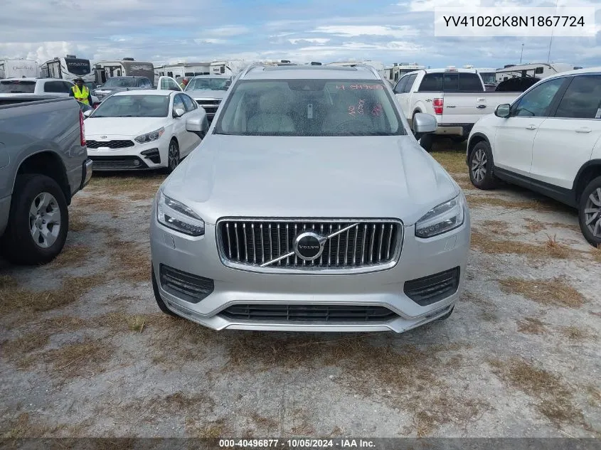 2022 Volvo Xc90 T5 Momentum VIN: YV4102CK8N1867724 Lot: 40496877