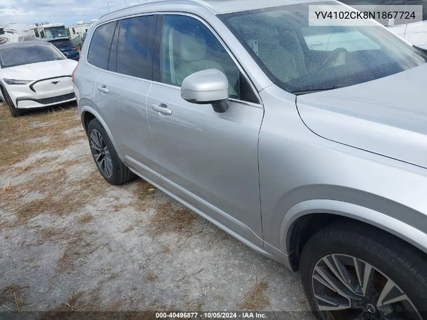 2022 Volvo Xc90 T5 Momentum VIN: YV4102CK8N1867724 Lot: 40496877