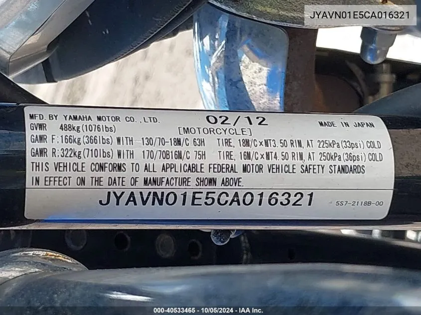 2012 Yamaha Xvs950 A/Ct VIN: JYAVN01E5CA016321 Lot: 40533465