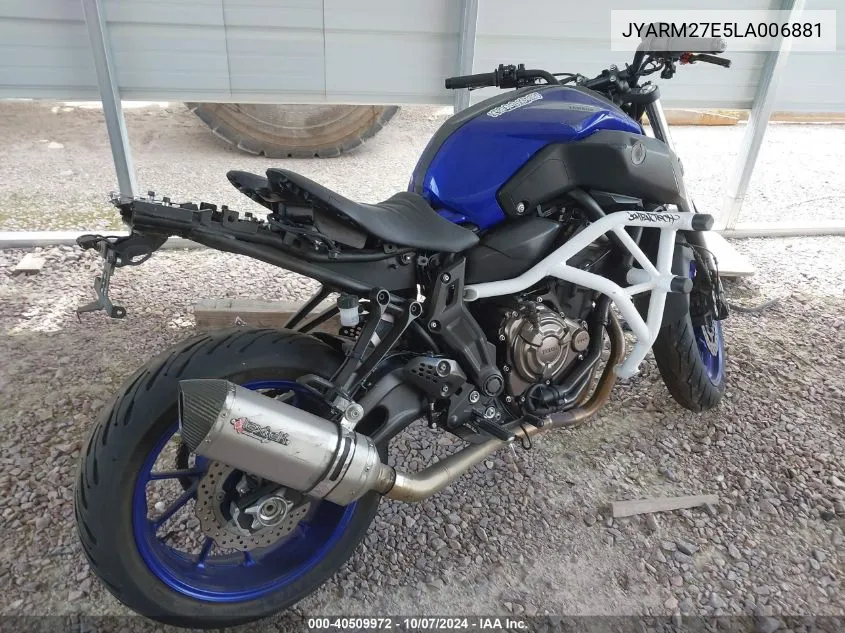 2020 Yamaha Mt07 VIN: JYARM27E5LA006881 Lot: 40509972