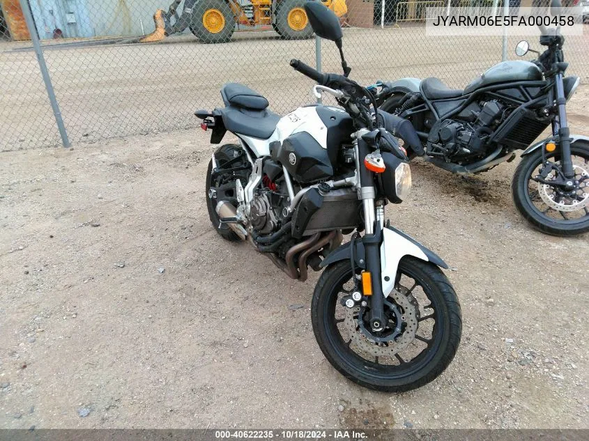 2015 Yamaha Fz07 VIN: JYARM06E5FA000458 Lot: 40622235