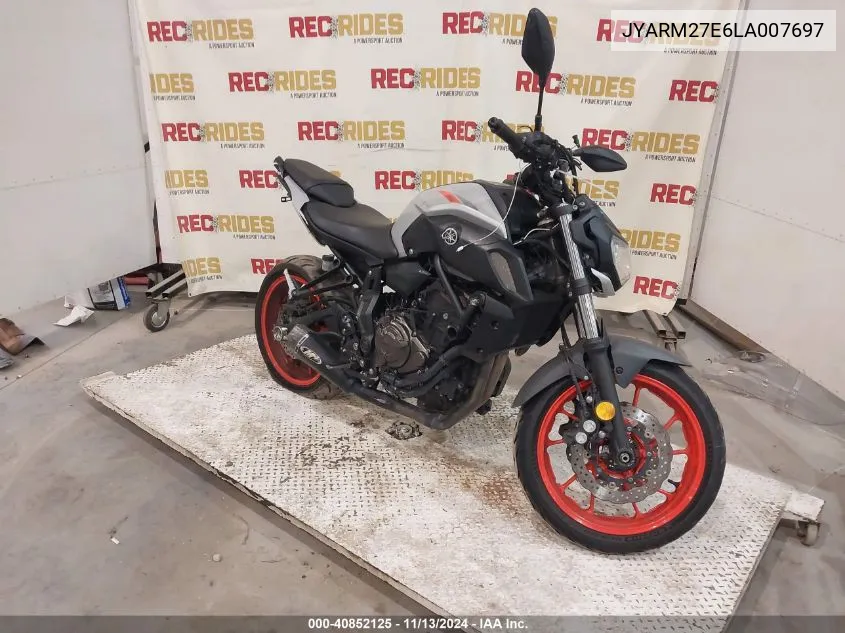 2020 Yamaha Mt07 VIN: JYARM27E6LA007697 Lot: 40852125