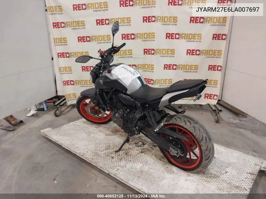 2020 Yamaha Mt07 VIN: JYARM27E6LA007697 Lot: 40852125