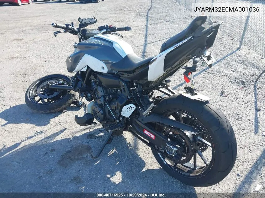 2021 Yamaha Mt07 VIN: JYARM32E0MA001036 Lot: 40716925