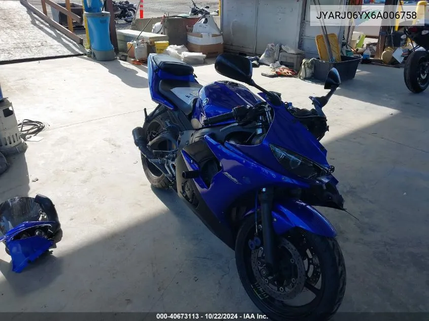 2006 Yamaha Yzfr6 L VIN: JYARJ06YX6A006758 Lot: 40673113