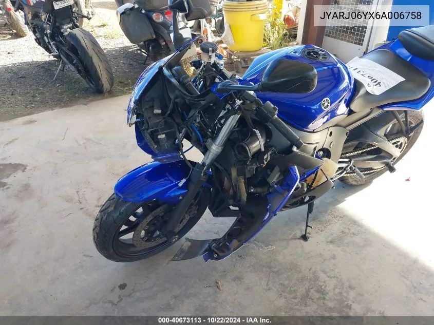 2006 Yamaha Yzfr6 L VIN: JYARJ06YX6A006758 Lot: 40673113