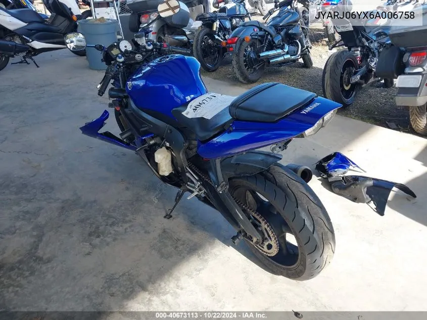 2006 Yamaha Yzfr6 L VIN: JYARJ06YX6A006758 Lot: 40673113