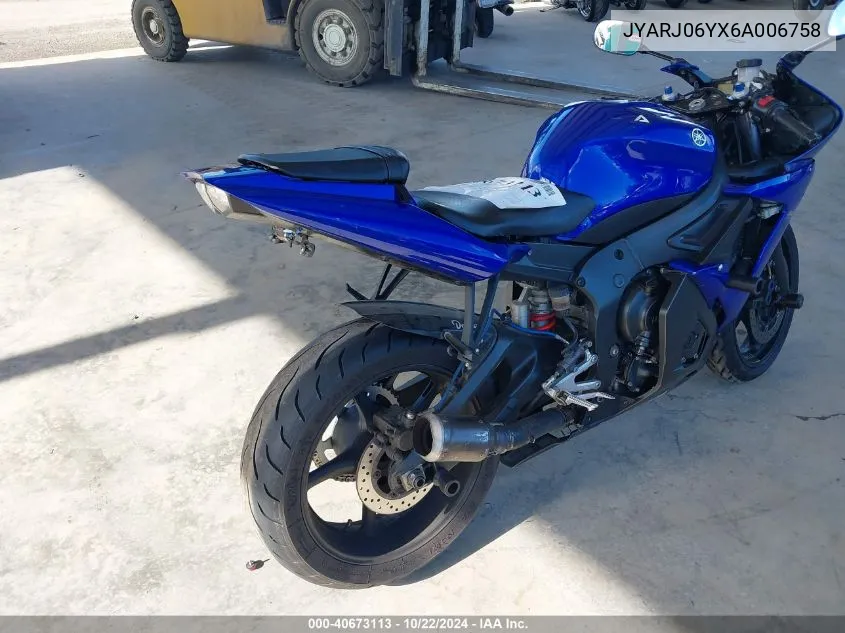 2006 Yamaha Yzfr6 L VIN: JYARJ06YX6A006758 Lot: 40673113