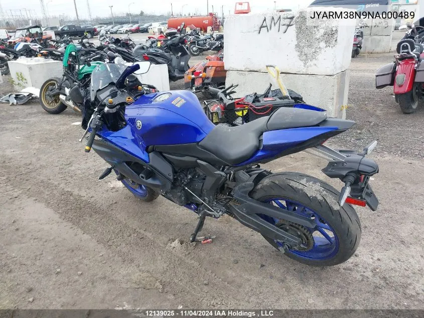 2022 Yamaha Yzfr7 VIN: JYARM38N9NA000489 Lot: 12139025